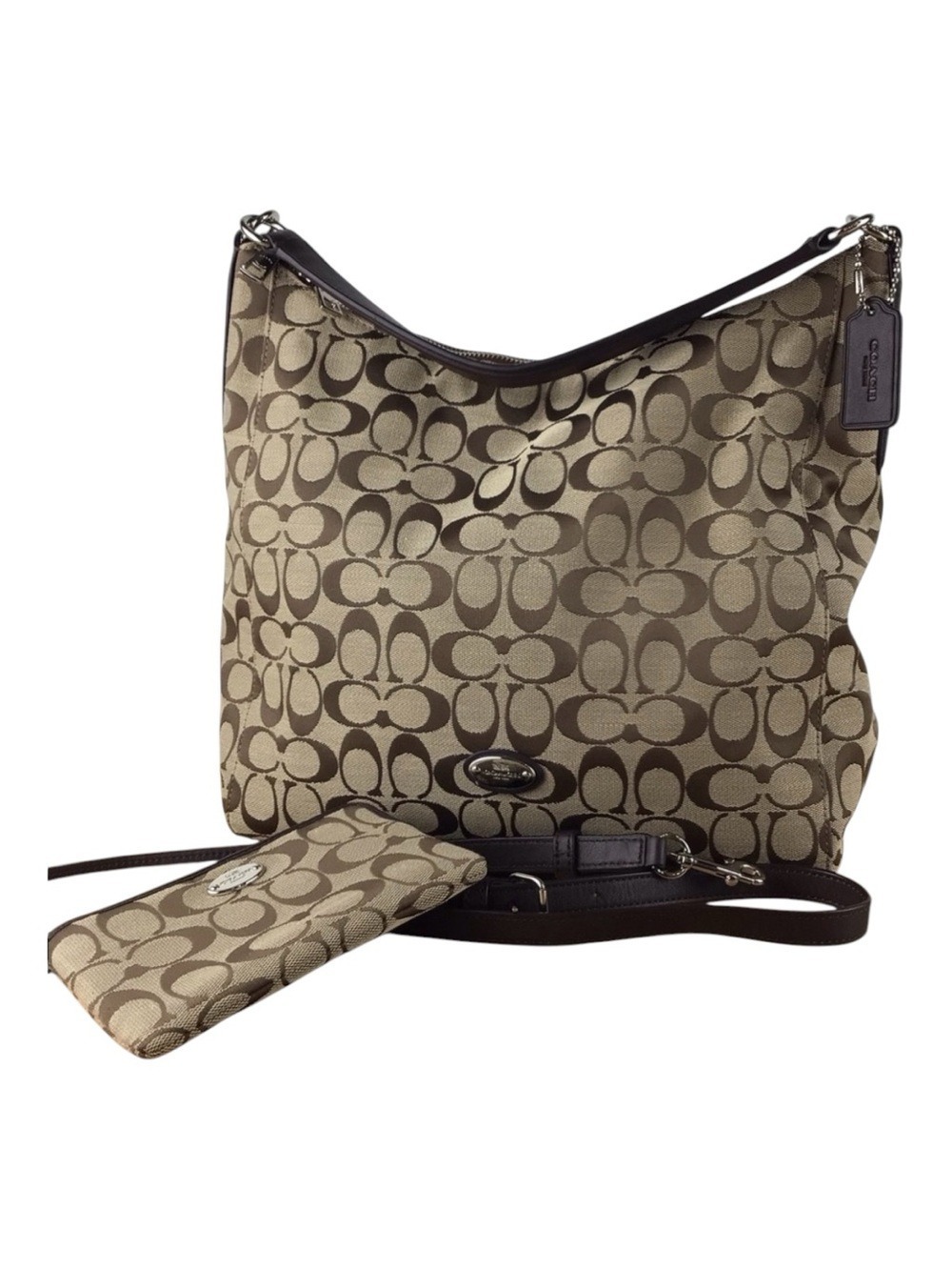 Coach Signature Jacquard Hobo Crossbody Bag & Matching Wristlet Khaki Brown Set